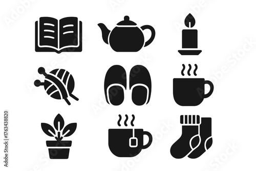 Cozy lifestyle silhouette icon set. featuring book, teapot, candle, knitting, slippers, mug, plant, socks