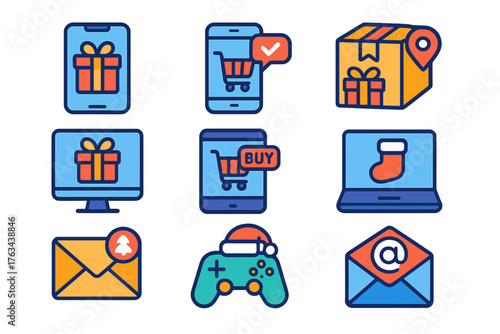 Online shopping colored icon set. featuring smartphone, cart, package, gift, email, and gaming symbols