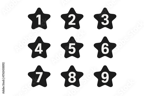 Number silhouettes icon set. featuring icons 1, 2, 3, 4, 5, 6, 7, 8, 9 in star shapes