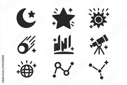 Astronomy silhouette icon set. featuring moon, star, sun, comet, chart, telescope, globe, constellation symbols