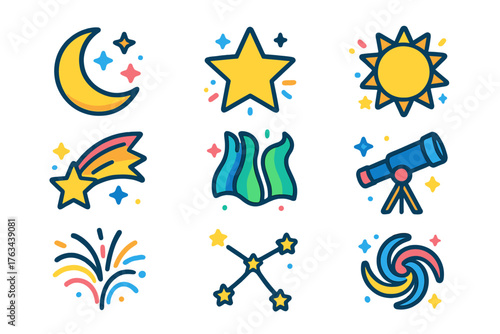 Space and astronomy flat icon set. featuring moon, star, sun, comet, aurora, telescope, fireworks, constellation, spiral symbols