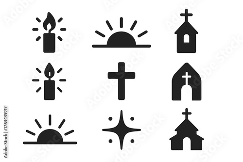 Religious silhouette icon set. featuring candle, sunrise, church, cross, and star symbols