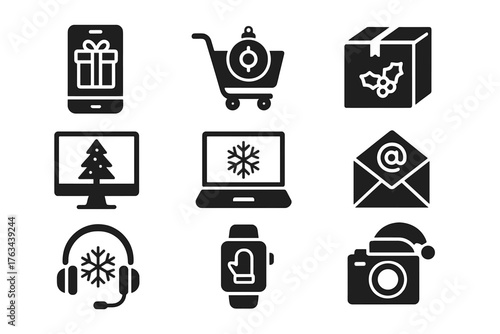 Holiday shopping silhouette icon set. featuring gift, cart, box, tree, laptop, email, headset, watch, camera