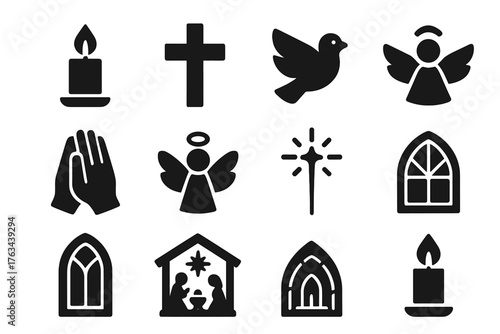Christmas silhouette icon set. featuring candle, cross, dove, angel, praying hands, nativity, church window.