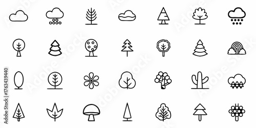 Whimsical nature icons featuring trees, clouds, and flowers, perfect for adding a touch of organic charm to your designs, capturing the essence of nature's beauty