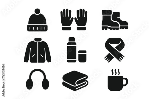 Winter clothing silhouette icon set. featuring hat, gloves, boots, jacket, thermos, scarf, earmuffs, blanket, and mug symbols