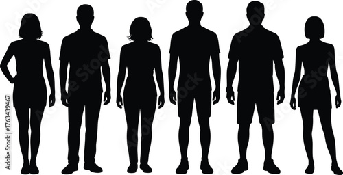 Silhouette lineup of standing figures, male and female posture comparison, cad drawing flat vector illustration, human form representation
