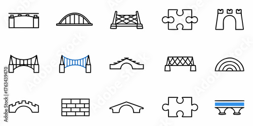 Discover a variety of architectural bridge designs and puzzle piece icons in this modern collection, perfect for enhancing websites, presentations, and creative projects