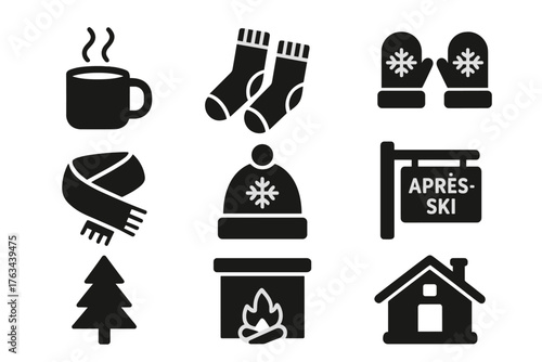 Winter silhouette icon set. featuring hot drink, socks, mittens, scarf, apres-ski, fireplace, cabin, tree.