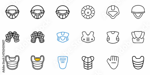 Equip yourself with this modern outline set of protective sports gear including masks, gloves, helmets, and chest protectors for baseball and more