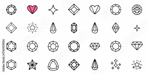 Dazzling Gemstone Collection for Jewelry Designers and Crafters, Set of Hand-Drawn Diamonds, Hearts, and Stars for Luxury Brands and Creative Projects, Sparkly and Elegant Icons