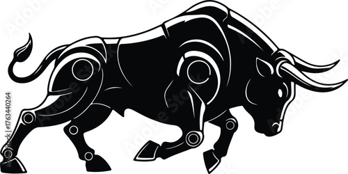 Silhouette mechanical bull in aggressive pose black and white vector illustration