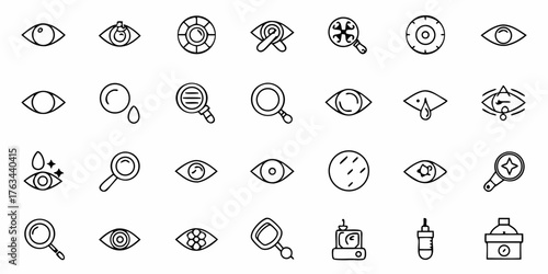 Eye Care Icons for Optometry and Vision Correction Services Featuring Eye Exams, Eyeglasses, Contact Lenses, and Eye Health Solutions for Your Next Design Project