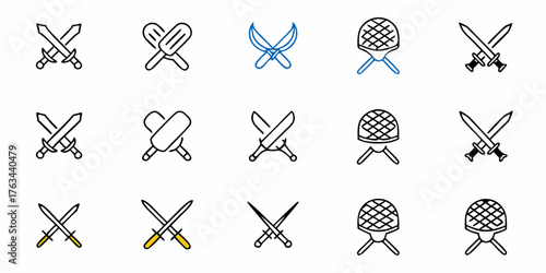 Dynamic Set of Cross Swords and War Helmets Symbols for Gaming and Fantasy Designs, Ideal for App Icons and Medieval Themes, Originally a Scalable Vector Graphic
