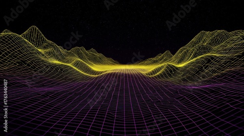 Abstract Wireframe Landscape with Starry Sky Synthwave Scene Generative Art Aesthetic Futuristic Voxel Art