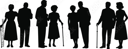 Silhouette illustration of elderly men and women standing together with walking sticks on white background, senior people vector design