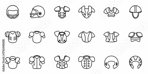 Equip your team with this striking football gear icon set perfect for sports apps, websites, or any athletic design project, showcasing helmets and shoulder pads
