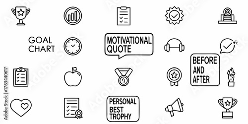 Achieve your goals and celebrate success with this inspirational collection of icons, perfect for motivation, tracking progress, and recognizing achievements in business or personal life