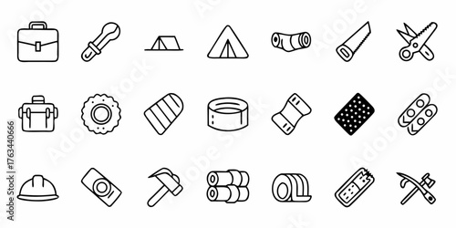 Essential camping gear icons perfect for outdoor adventure guides, checklists, and website elements, offering a modern, clean design for travel and exploration resources
