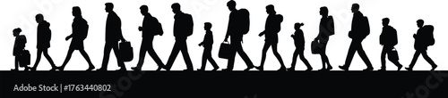 Silhouette of people walking, daily commute, human development, age progression, urban lifestyle, routine journey, black and white, symbolic movement, society roles, generational transition