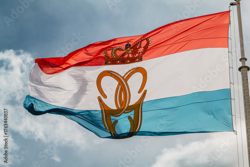LUXEMBOURG - 3 October 2025: The new royal flag for the accession of the new Grand Duke Guillaume of Luxembourg