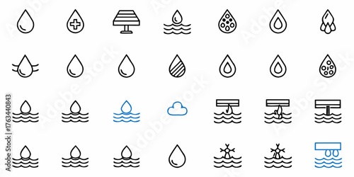 Explore essential water management icons for clean energy projects and sustainable solutions, highlighting resources, conservation and environmental responsibility, scalable graphics