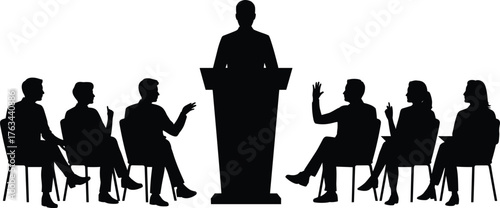 Silhouette of formal meeting, speaker at podium, audience interaction, leadership communication, cad drawing flat vector illustration, business conference scene