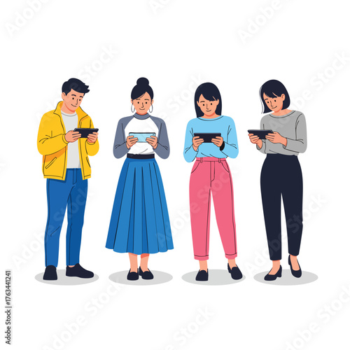 A group of four diverse young people men and women standing together while engrossed in their smartphones a vector illustration.