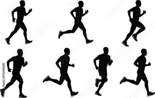 Running silhouette sequence, athletic motion phases, human biomechanics, sports training, dynamic posture, sprint cycle, fitness illustration, movement study, animation reference