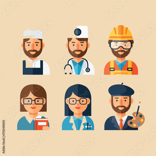 A set of six professional career avatars in a modern flat illustration style including a doctor artist and chef.
