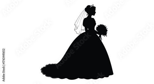 Elegant silhouette of a bride in a flowing wedding gown side view