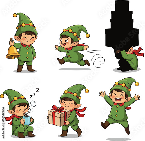A set of six cute cartoon Christmas elves in green outfits performing various festive activities.