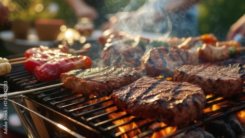 Grilled meats and vegetables on an outdoor barbecue