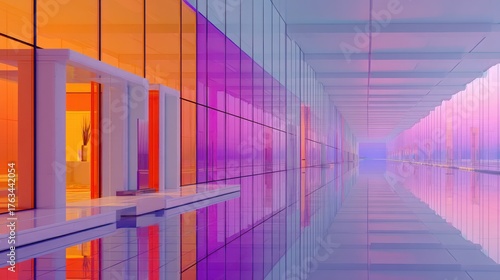 Abstract Architectural Interior with Vibrant Orange and Purple Glass Reflective Surfaces and Long Hallway Perspective