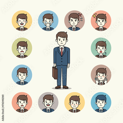 Cartoon businessman character set with a full body pose and various facial expressions.