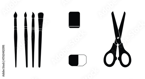 Black and white icons depicting art supplies brushes scissors and erasers