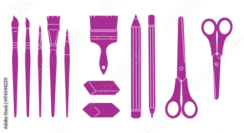 A collection of purple art supplies including brushes pencils and scissors