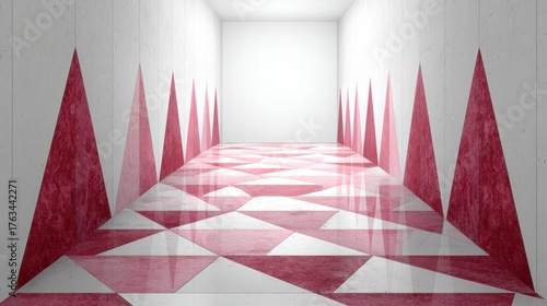 Geometric Hallway Perspective with Triangle Patterns and Light Modern Space Interior Design Style