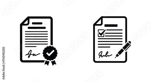 Two document icons one with a checkmark and signature simple design