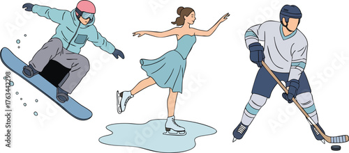 Collection of illustrated winter sports athletes including a snowboarder figure skater and ice hockey player.