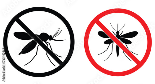 No mosquitoes allowed prohibition signs with insect illustrations in red and black