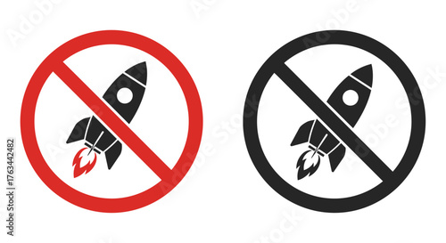 Rocket launch prohibition signs in red and black warning of restrictions