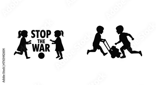 Silhouette image of children fleeing with a stop war message