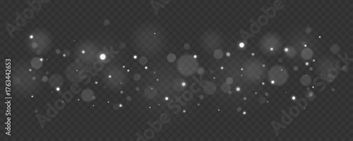 Glowing lights bokeh on a dark transparent background. Abstract white particles with soft blur effect for dreamy luminous atmosphere or festive design. Vector illustration.