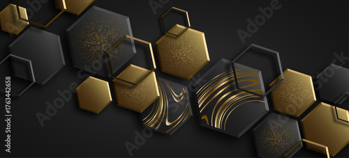 Geometric background of golden and black 3D hexagons textured with metallic striped wavy pattern and dotted texture. Abstract design for greeting card or fashion banner. Vector illustration.