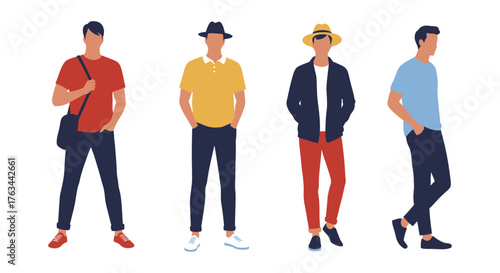 Four fashionable men in various casual outfits standing side by side