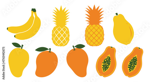 A vibrant collection of tropical fruits including bananas mangoes and pineapples