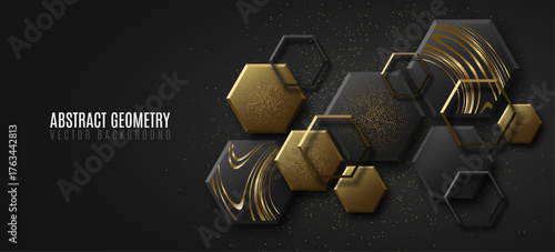 Elegant background of golden and black 3D hexagons textured with metallic striped wavy pattern and dotted texture. Geometric design for greeting card or fashion banner. Vector illustration.