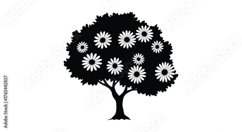 Simple black and white illustration of a tree with flower shaped leaves