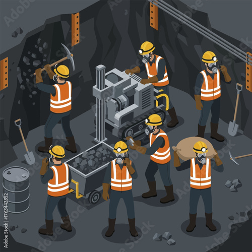Group of professional miners working with equipment in a mine shaft.